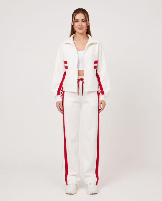 Women's Contrast Stripe Zip Up Lounge Tracksuit Set in White – front view