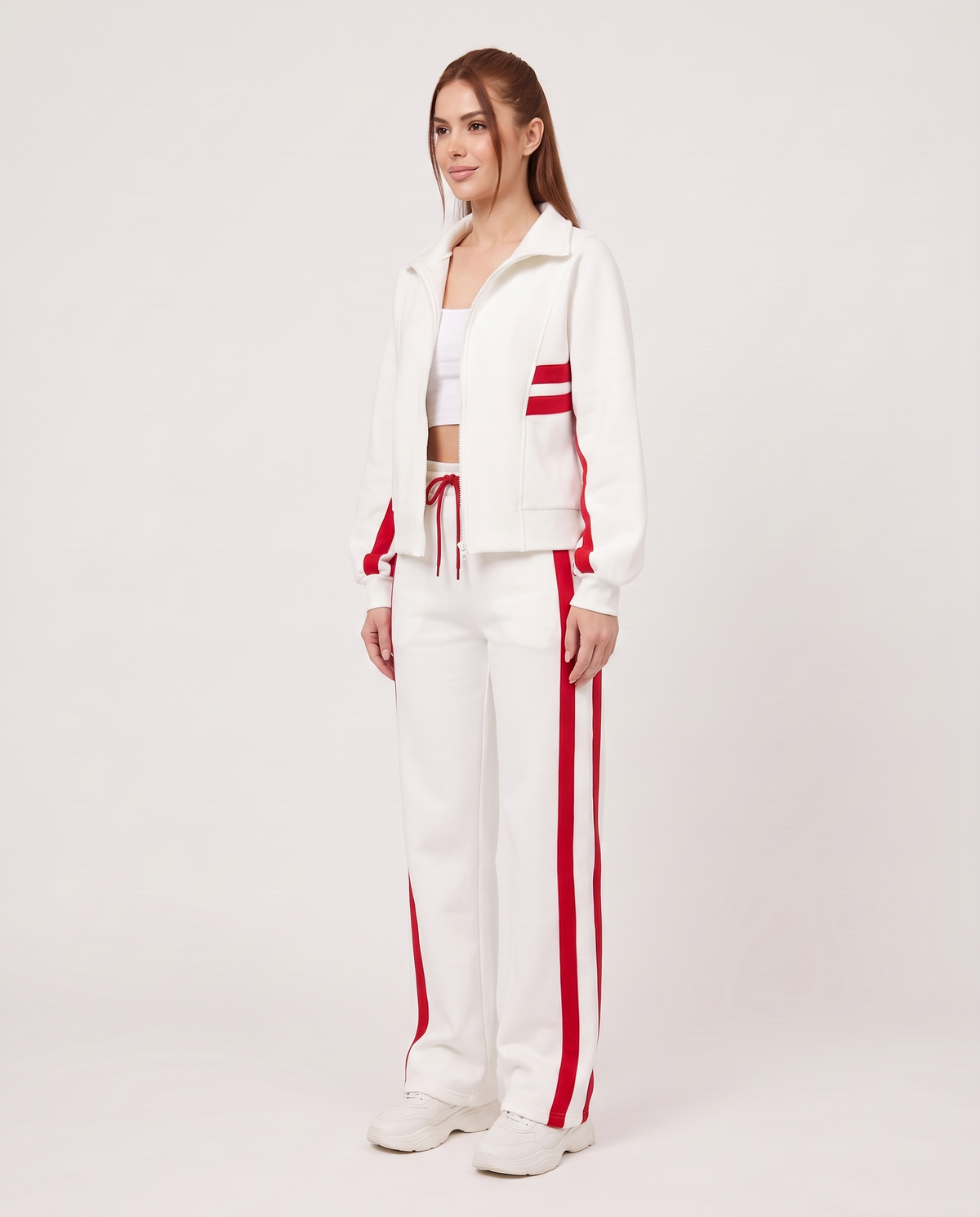 Women's Contrast Stripe Zip Up Lounge Tracksuit Set in White – three-quarter view