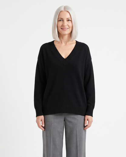 Women's Deep V-Neck Knitted Jumper Relaxed Long Sleeve Pullover in Black – front view