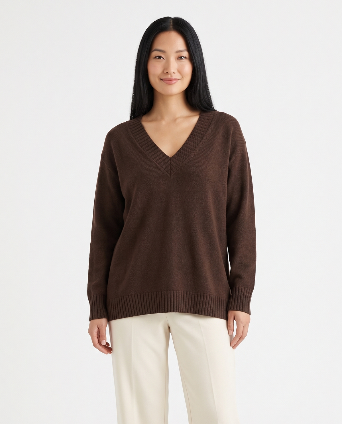 Women's Deep V-Neck Knitted Jumper Relaxed Long Sleeve Pullover in Dark Brown – front view