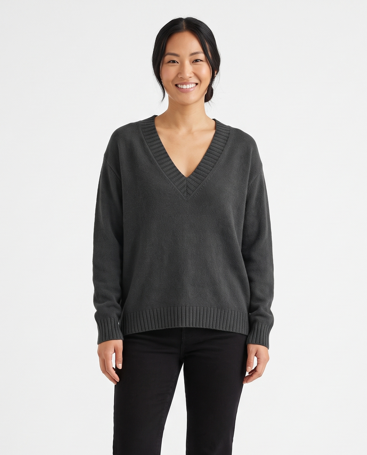 Women's Deep V-Neck Knitted Jumper Relaxed Long Sleeve Pullover in Dark Gray – front view