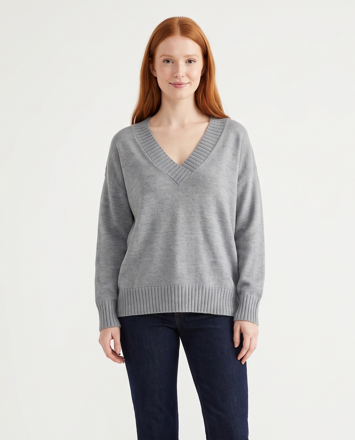 Women's Deep V-Neck Knitted Jumper Relaxed Long Sleeve Pullover in Grey – front view