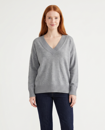 Women's Deep V-Neck Knitted Jumper Relaxed Long Sleeve Pullover in Grey – front view