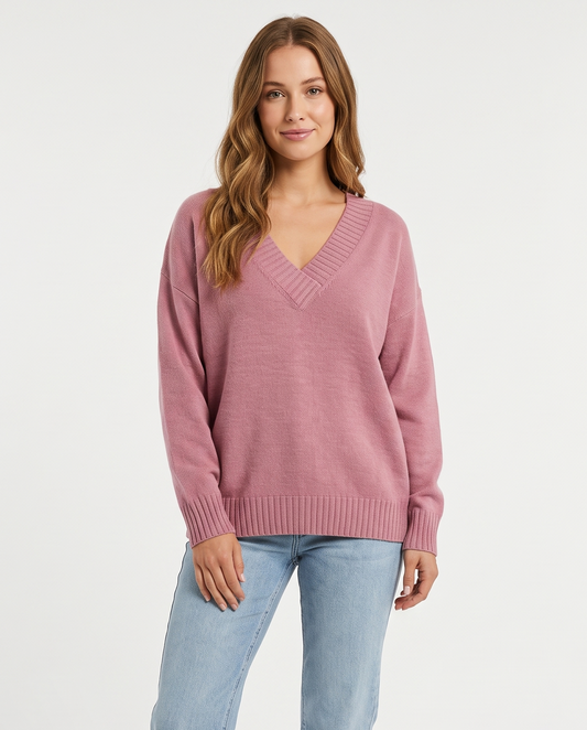 Women's Deep V-Neck Knitted Jumper Relaxed Long Sleeve Pullover in Pink – front view
