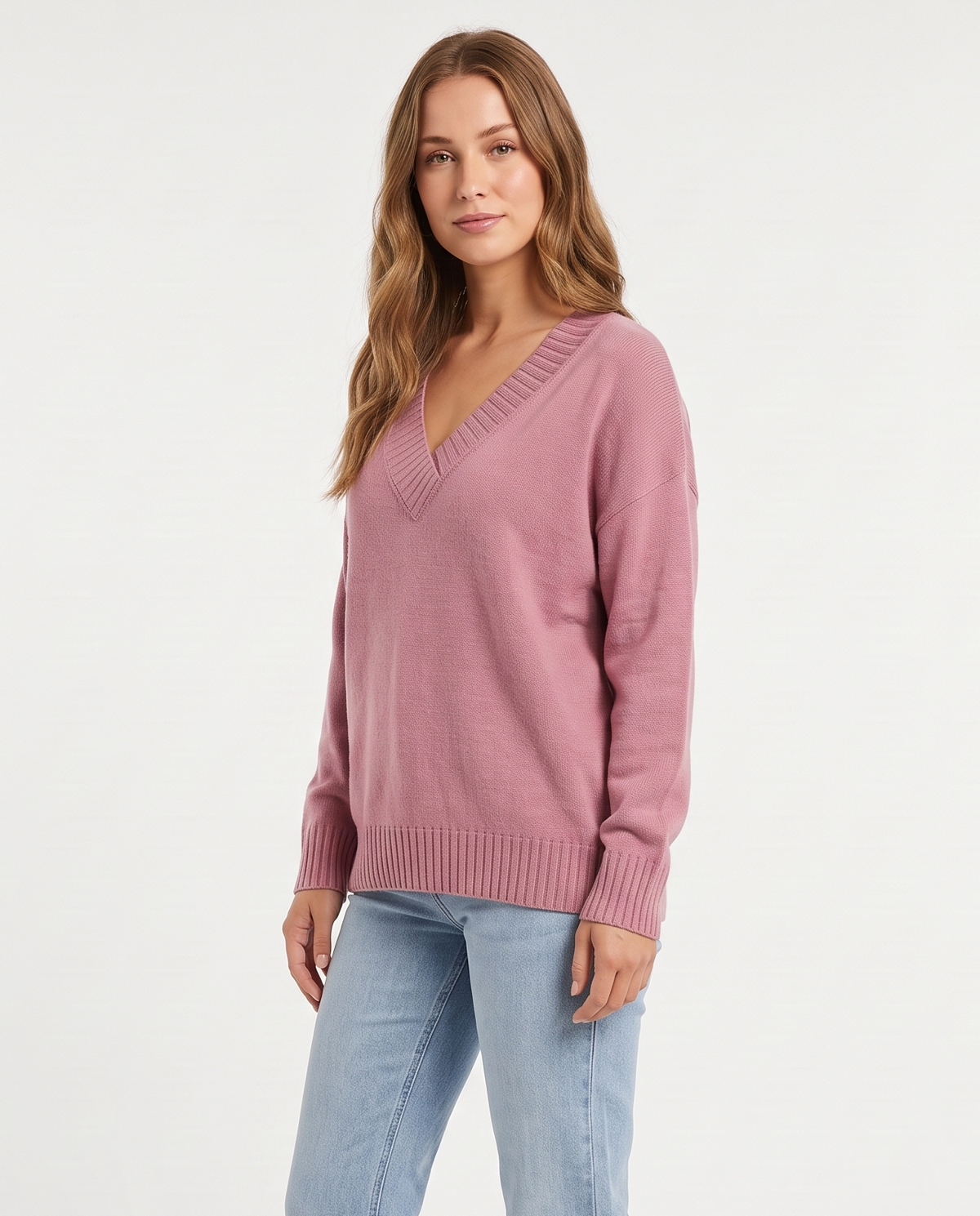Women's Deep V-Neck Knitted Jumper Relaxed Long Sleeve Pullover in Pink – three-quarter view