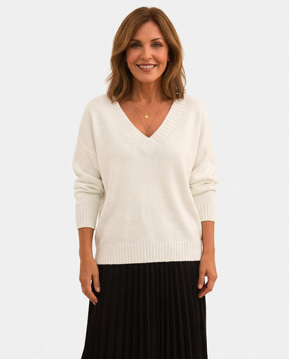 Women's Deep V-Neck Knitted Jumper Relaxed Long Sleeve Pullover in White – front view