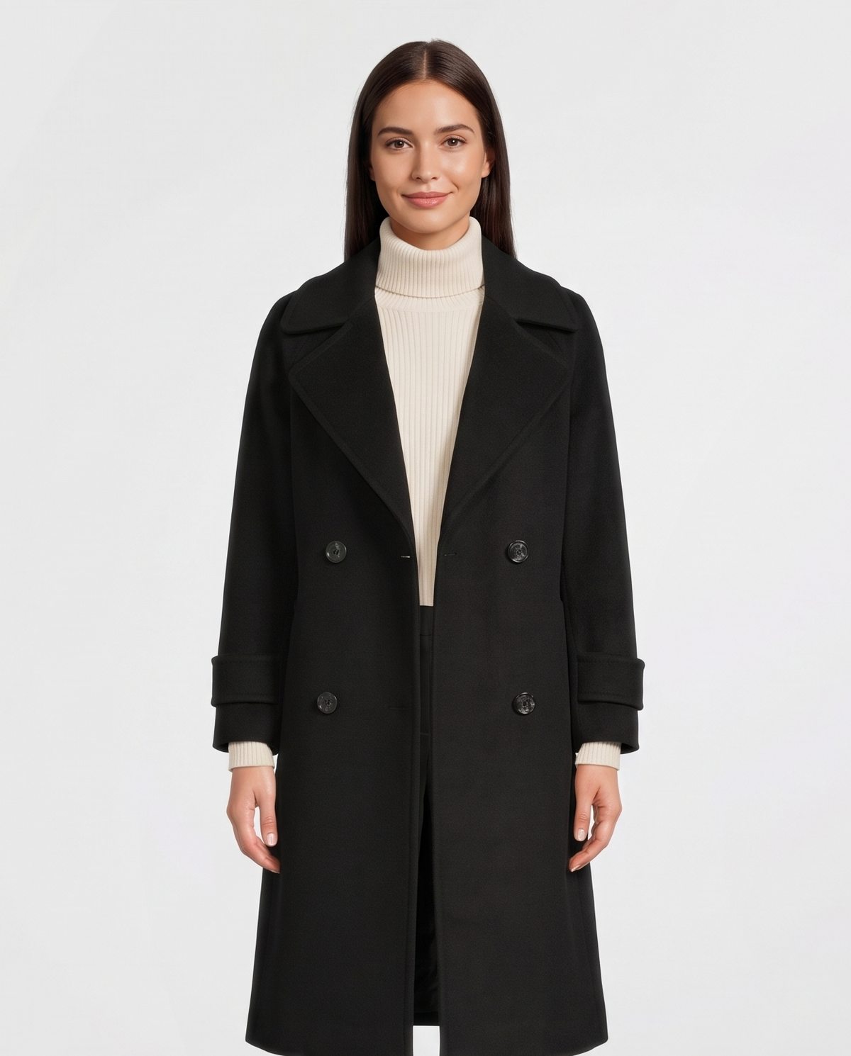 Women's Double-Breasted Cashmere-Blend Slim Coat in Black – front view