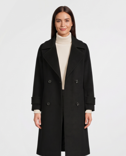Women's Double-Breasted Cashmere-Blend Slim Coat in Black – front view