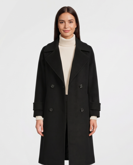 Women's Double-Breasted Cashmere-Blend Slim Coat in Black – front view