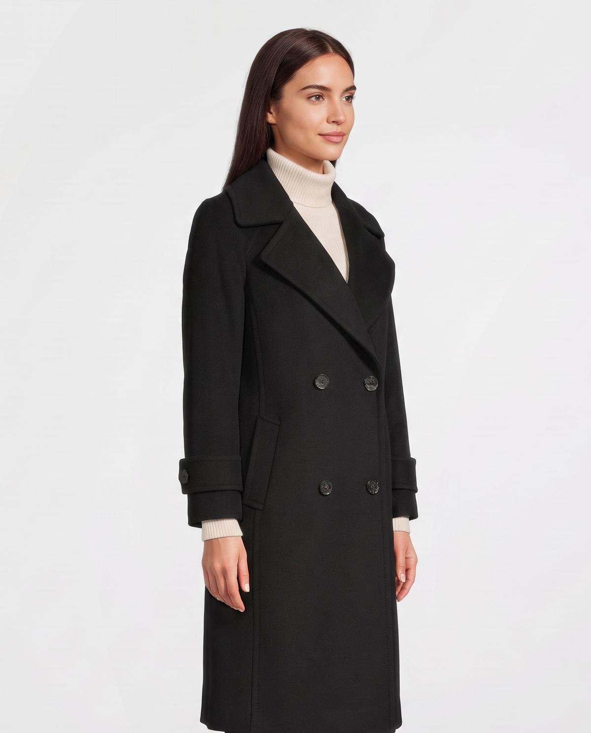 Women's Double-Breasted Cashmere-Blend Slim Coat in Black – three-quarter view