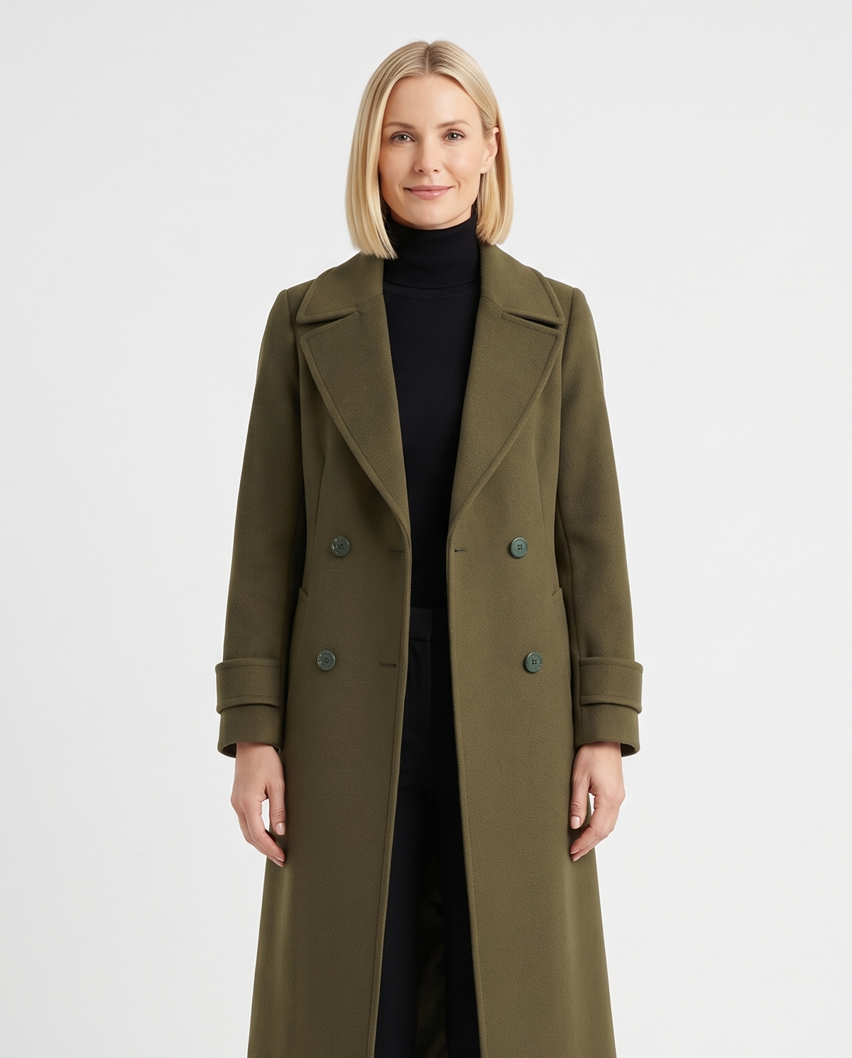 Women's Double-Breasted Cashmere-Blend Slim Coat in Green – front view