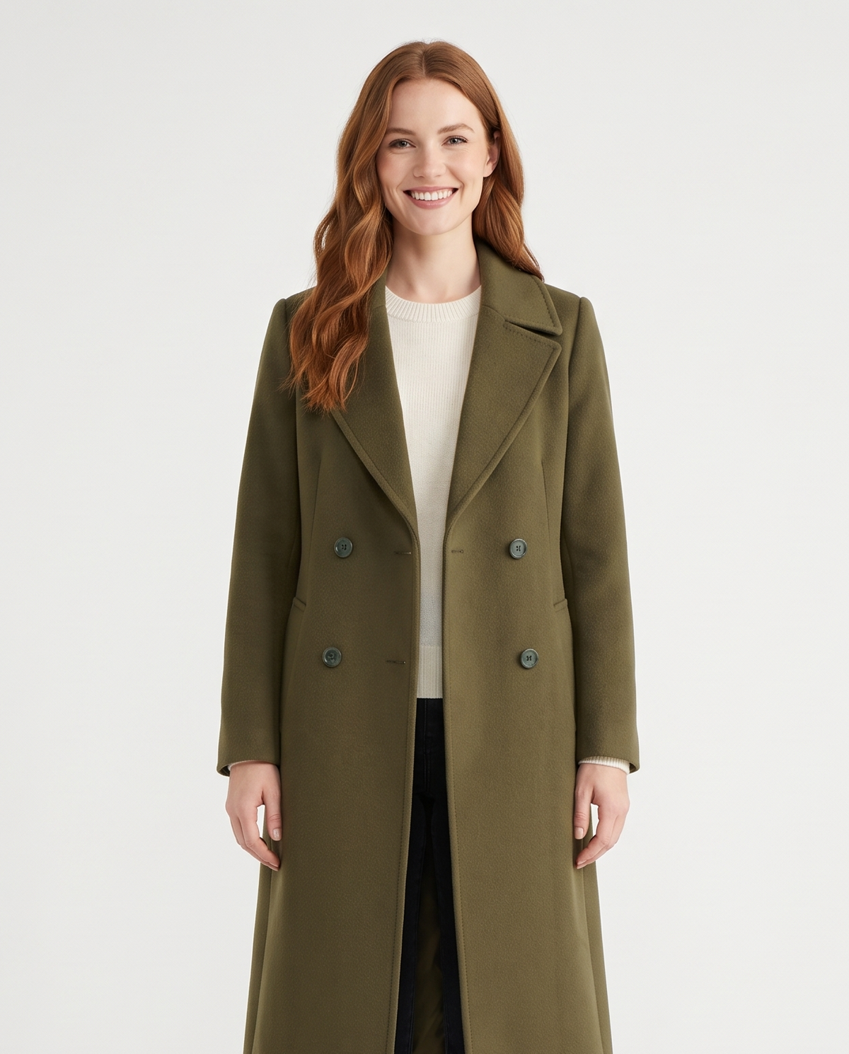 Women's Double-Breasted Cashmere-Blend Slim Coat in Khaki – front view