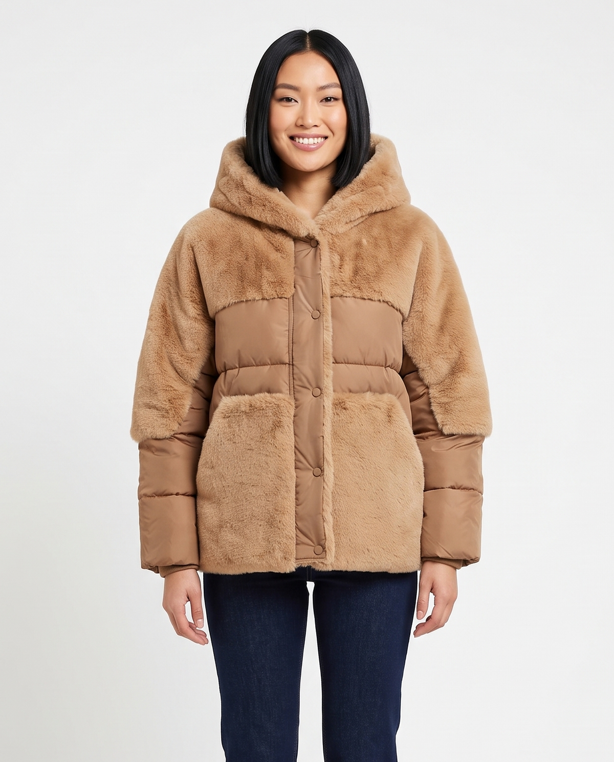 Women's Faux Fur Panel Puffer Jacket in Brown – front view