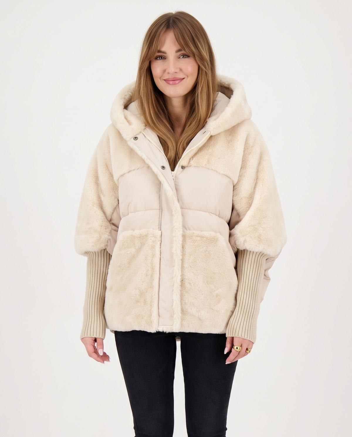 Women's Faux Fur Panel Puffer Jacket in Cream – front view