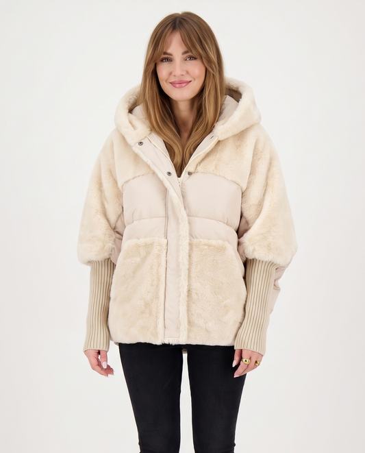 Women's Faux Fur Panel Puffer Jacket in Cream – front view
