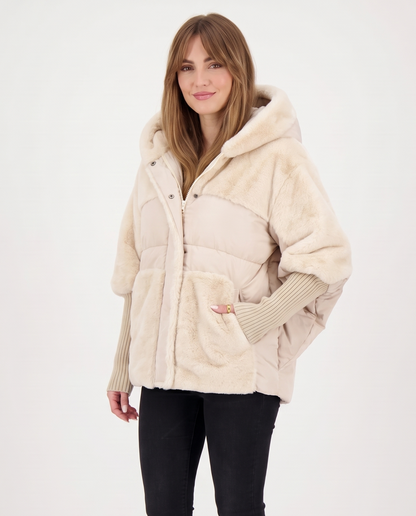 Women's Faux Fur Panel Puffer Jacket in Cream – three-quarter view