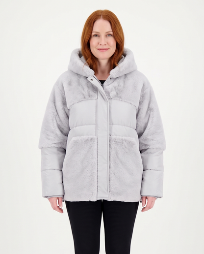 Women's Faux Fur Panel Puffer Jacket in Light Grey – front view