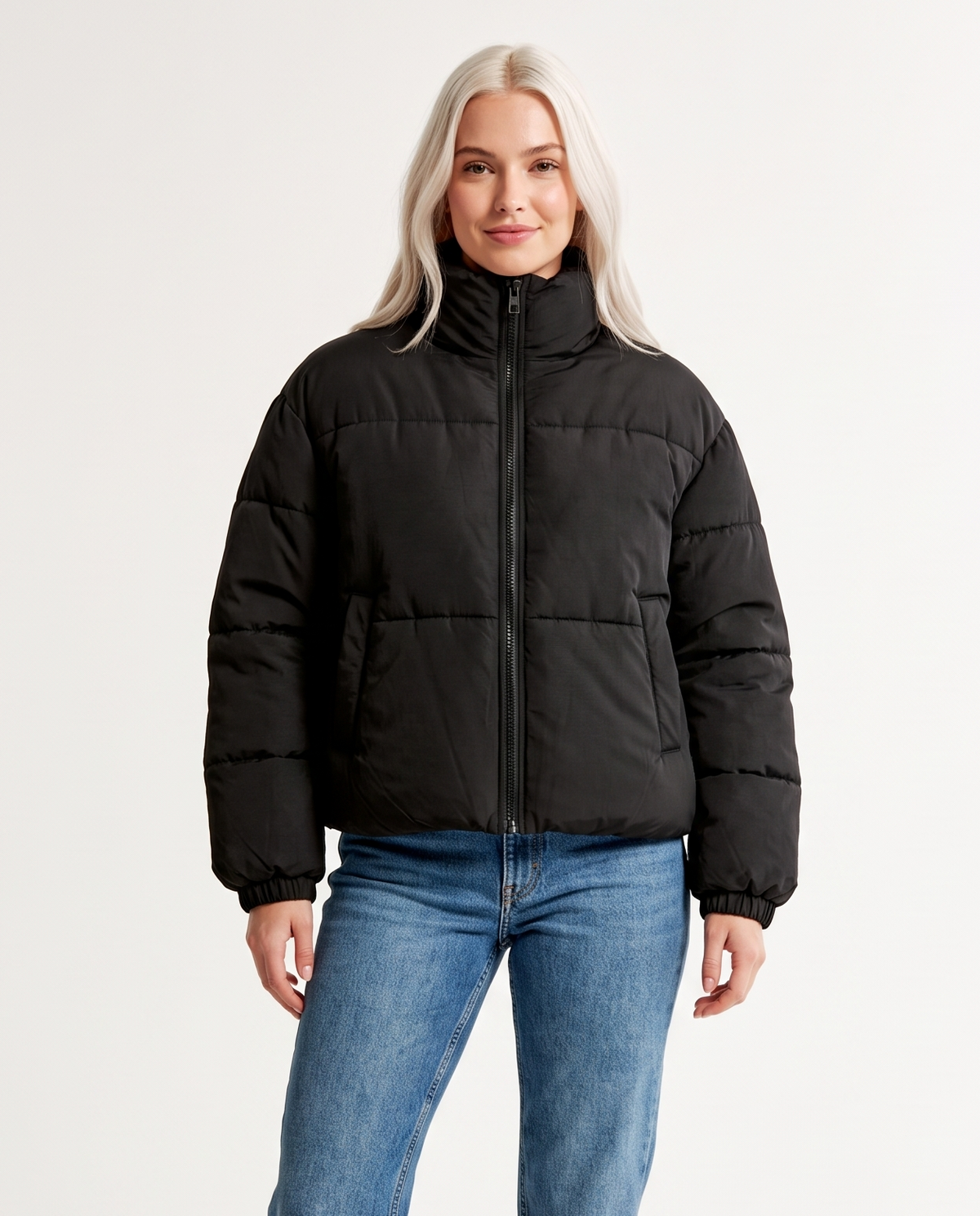 Women's High-Collar Puffer Jacket in Black – front view