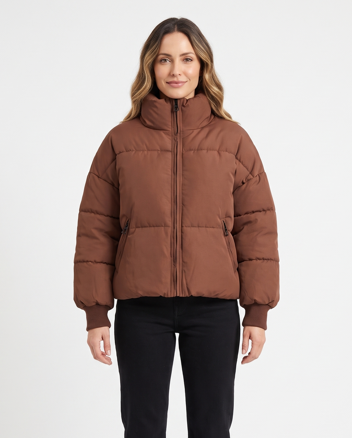 Women's High-Collar Puffer Jacket in Brown – front view