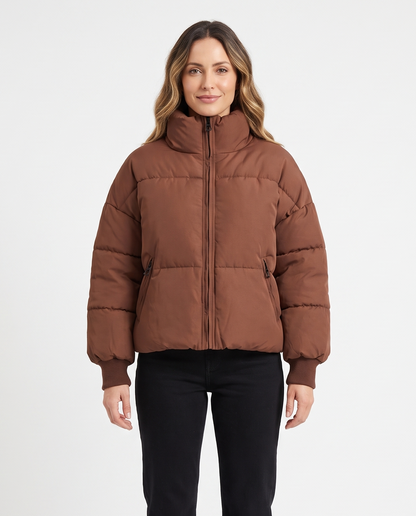 Women's High-Collar Puffer Jacket in Brown – front view