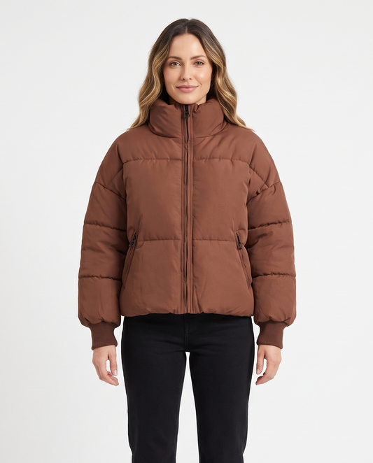 Women's High-Collar Puffer Jacket in Brown – front view