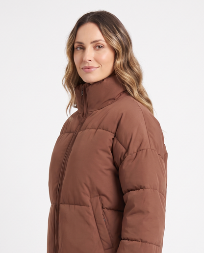 Women's High-Collar Puffer Jacket in Brown – three-quarter view
