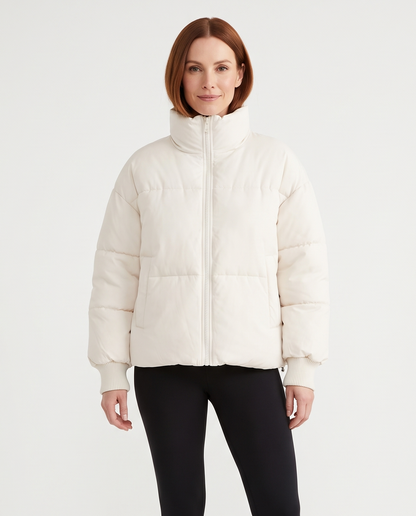 Women's High-Collar Puffer Jacket in White – front view