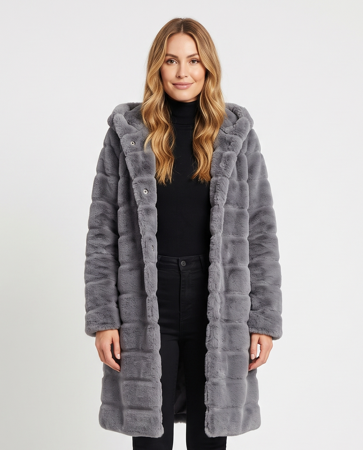 Women's Hooded Faux Fur Coat in Grey – front view