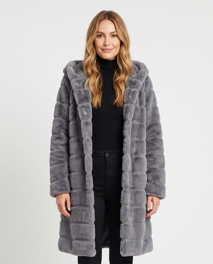 Women's Hooded Faux Fur Coat in Grey – front view