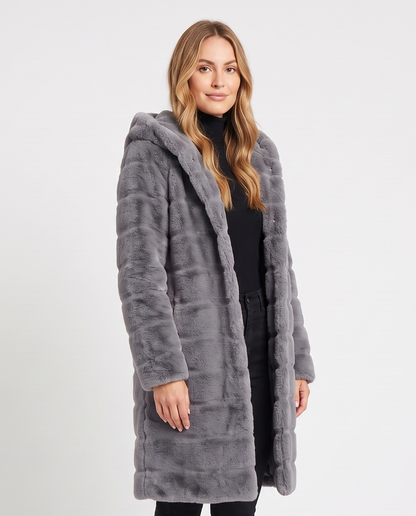 Women's Hooded Faux Fur Coat in Grey – three-quarter view