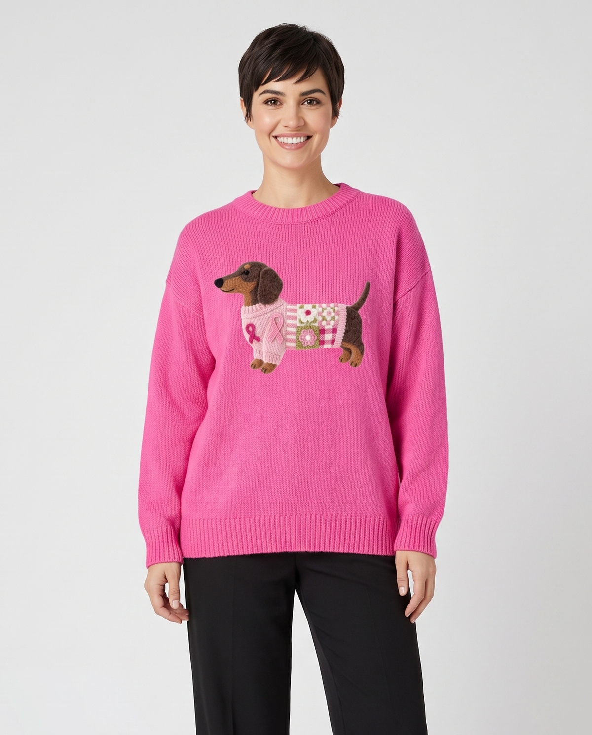 Women's Knitted Dog Print Relaxed Fit Casual Jumper in Hot Pink – front view