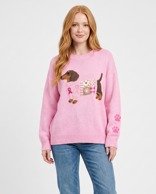 Women's Knitted Dog Print Relaxed Fit Casual Jumper in Pink – front view