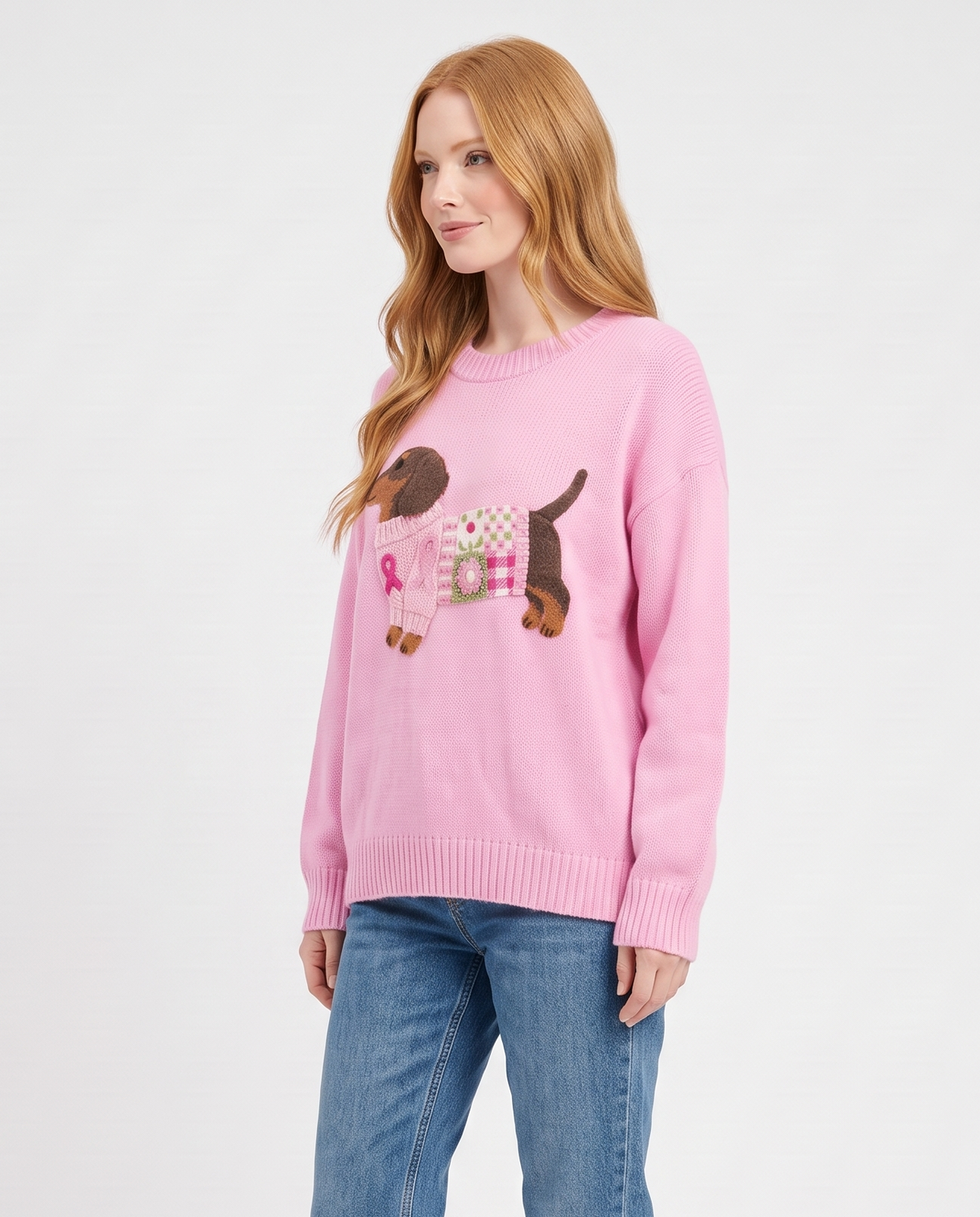 Women's Knitted Dog Print Relaxed Fit Casual Jumper in Pink – three-quarter view
