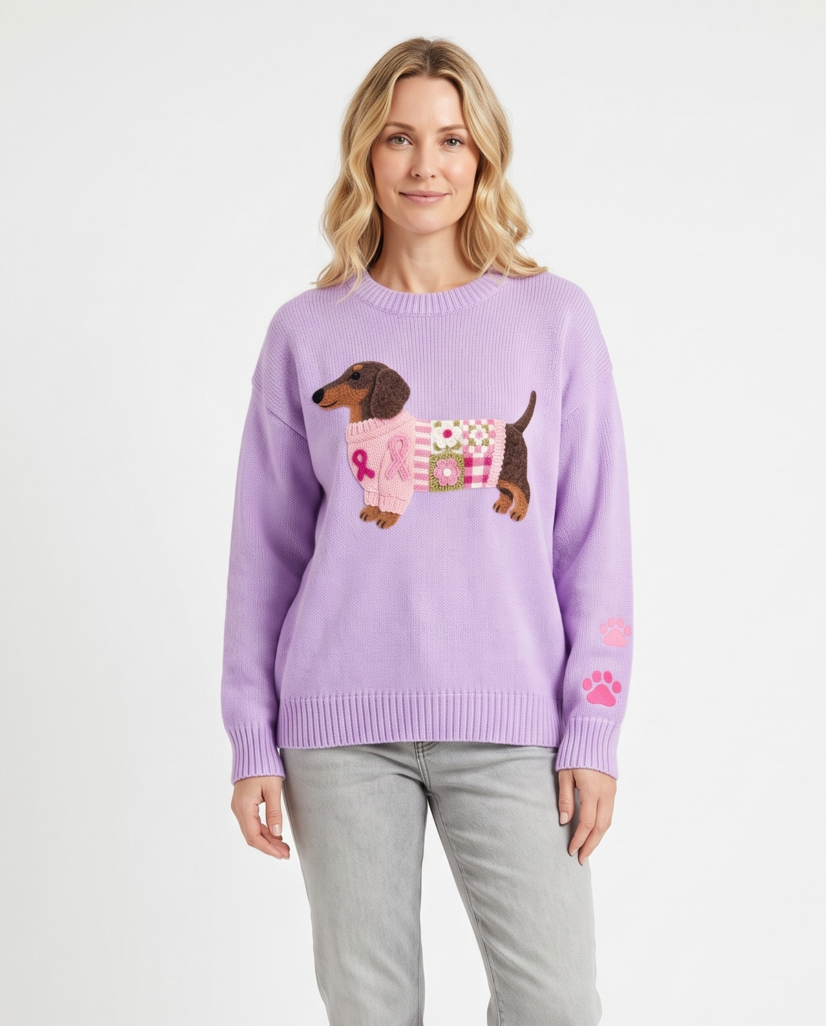 Women's Knitted Dog Print Relaxed Fit Casual Jumper in Purple – front view