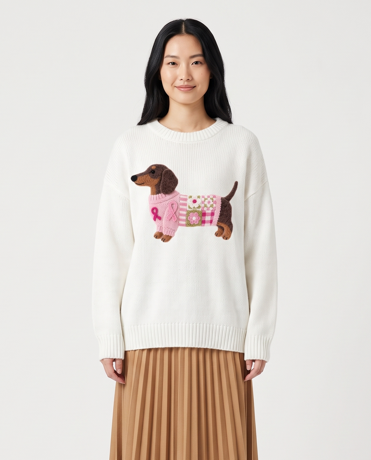 Women's Knitted Dog Print Relaxed Fit Casual Jumper in White – front view