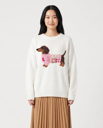 Women's Knitted Dog Print Relaxed Fit Casual Jumper in White – front view