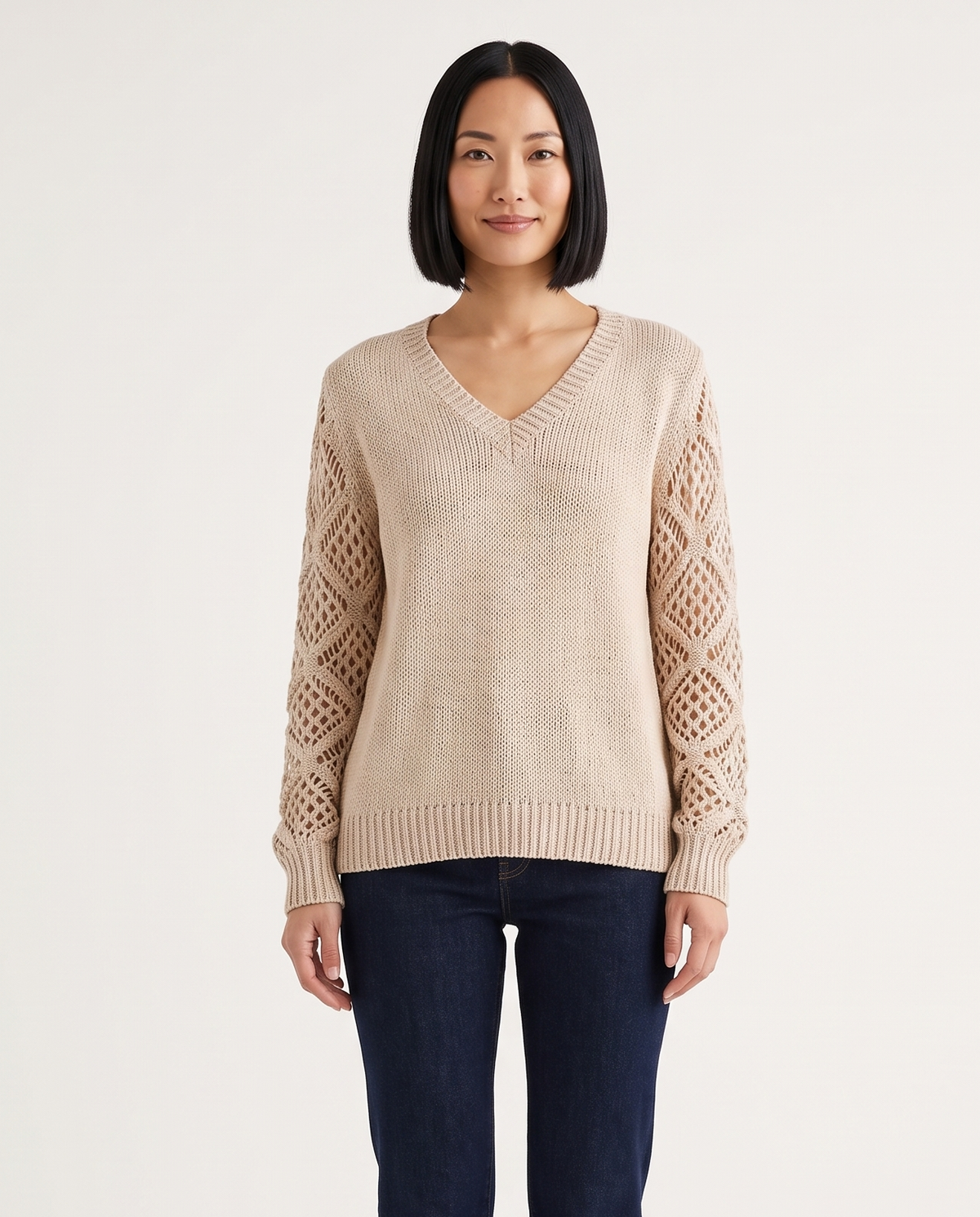 Women's Knitted V-Neck Jumper Open Sleeve Detail Pullover in Beige – front view