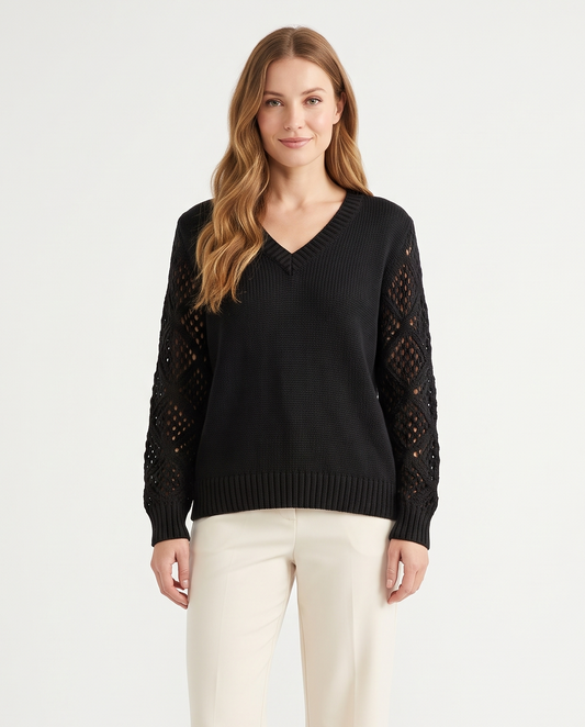 Women's Knitted V-Neck Jumper Open Sleeve Detail Pullover in Black – front view