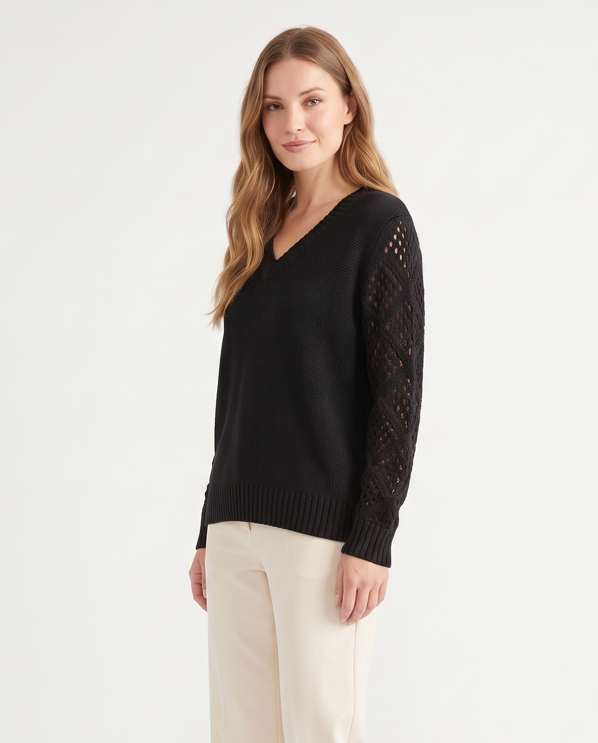 Women's Knitted V-Neck Jumper Open Sleeve Detail Pullover in Black – three-quarter view