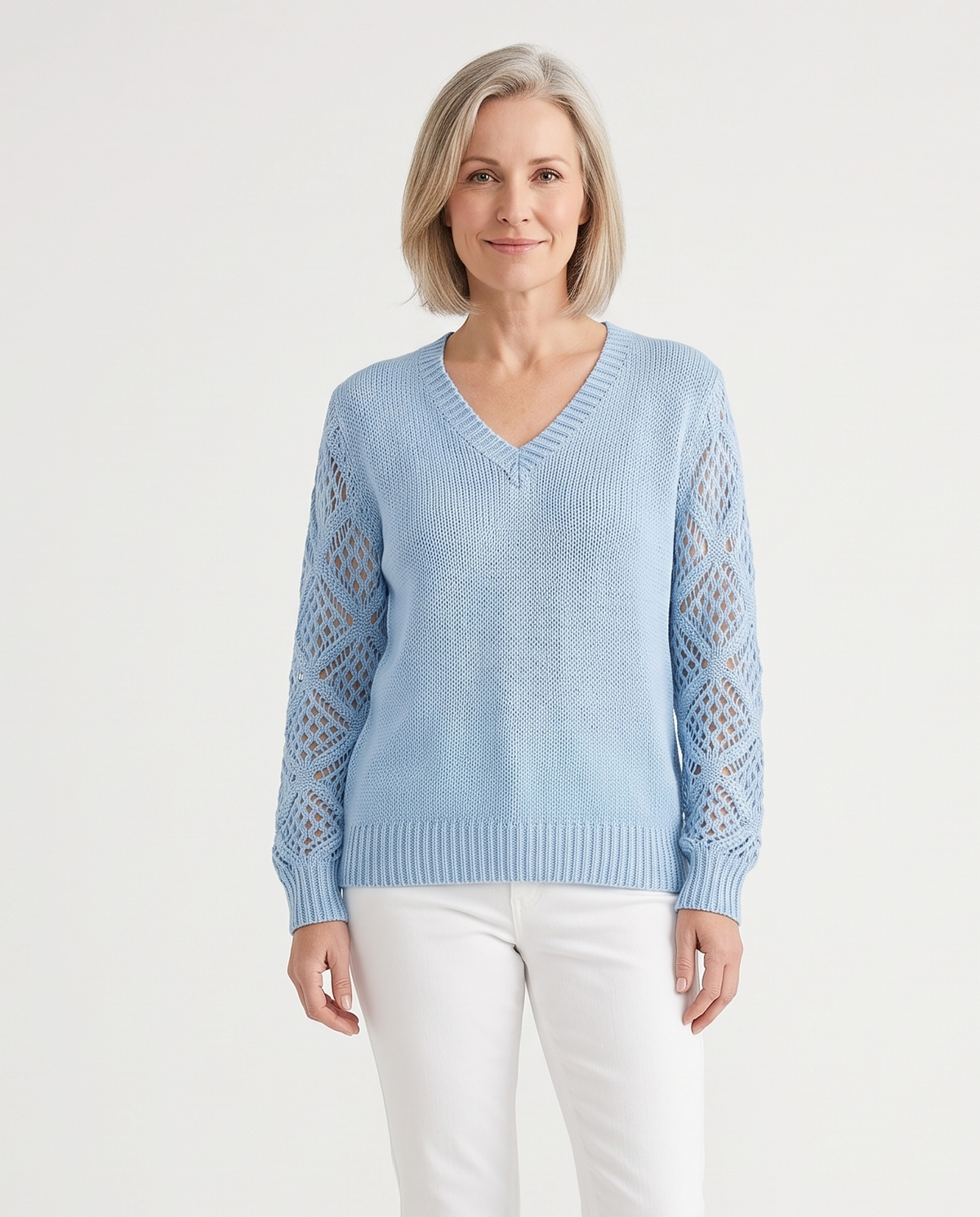 Women's Knitted V-Neck Jumper Open Sleeve Detail Pullover in Light Blue – front view