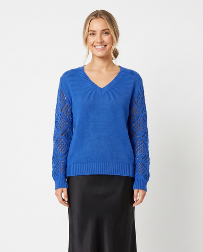 Women's Knitted V-Neck Jumper Open Sleeve Detail Pullover in Royal Blue – front view