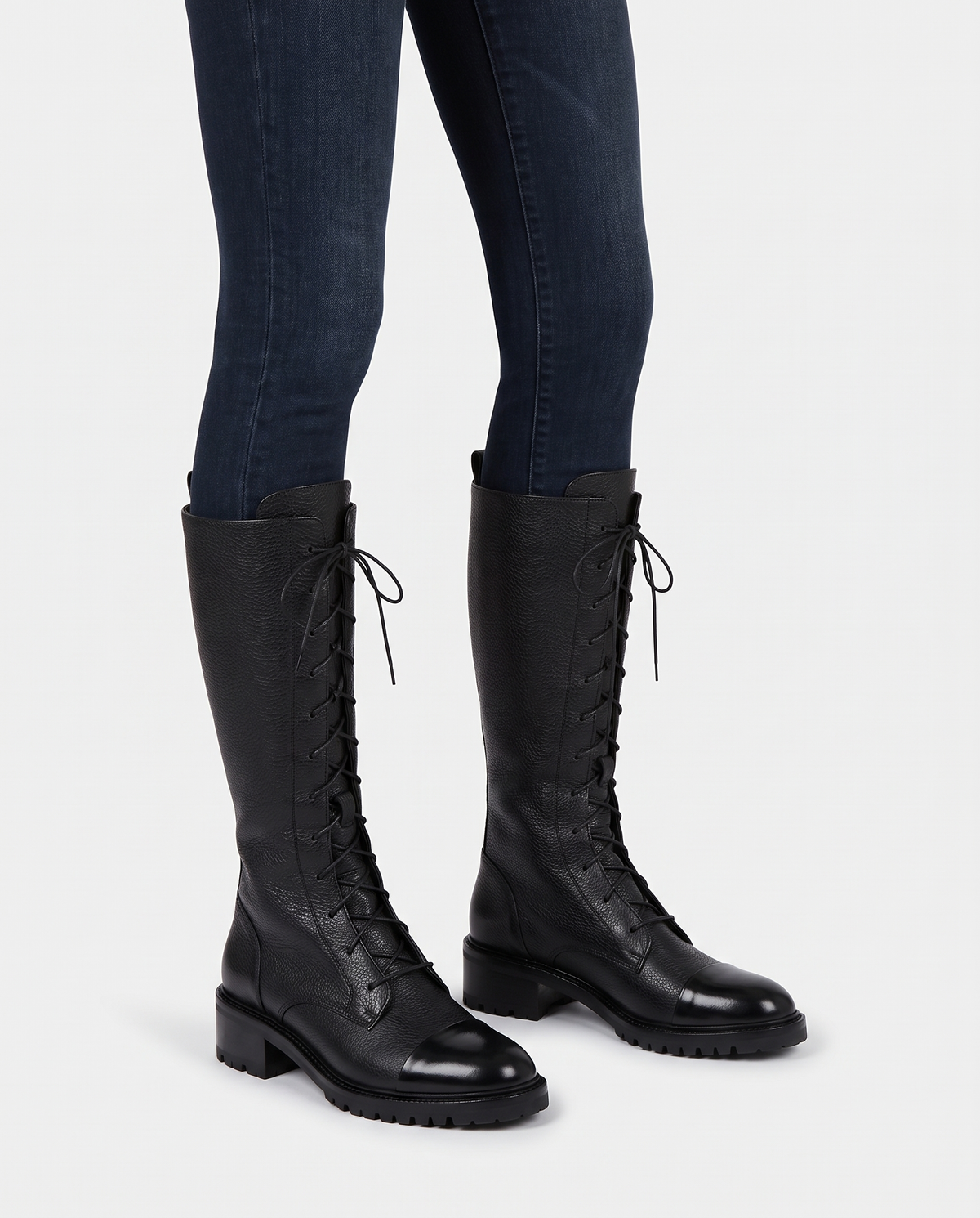 Women's Lace-Up Knee-High Boots in Black – three-quarter standing view