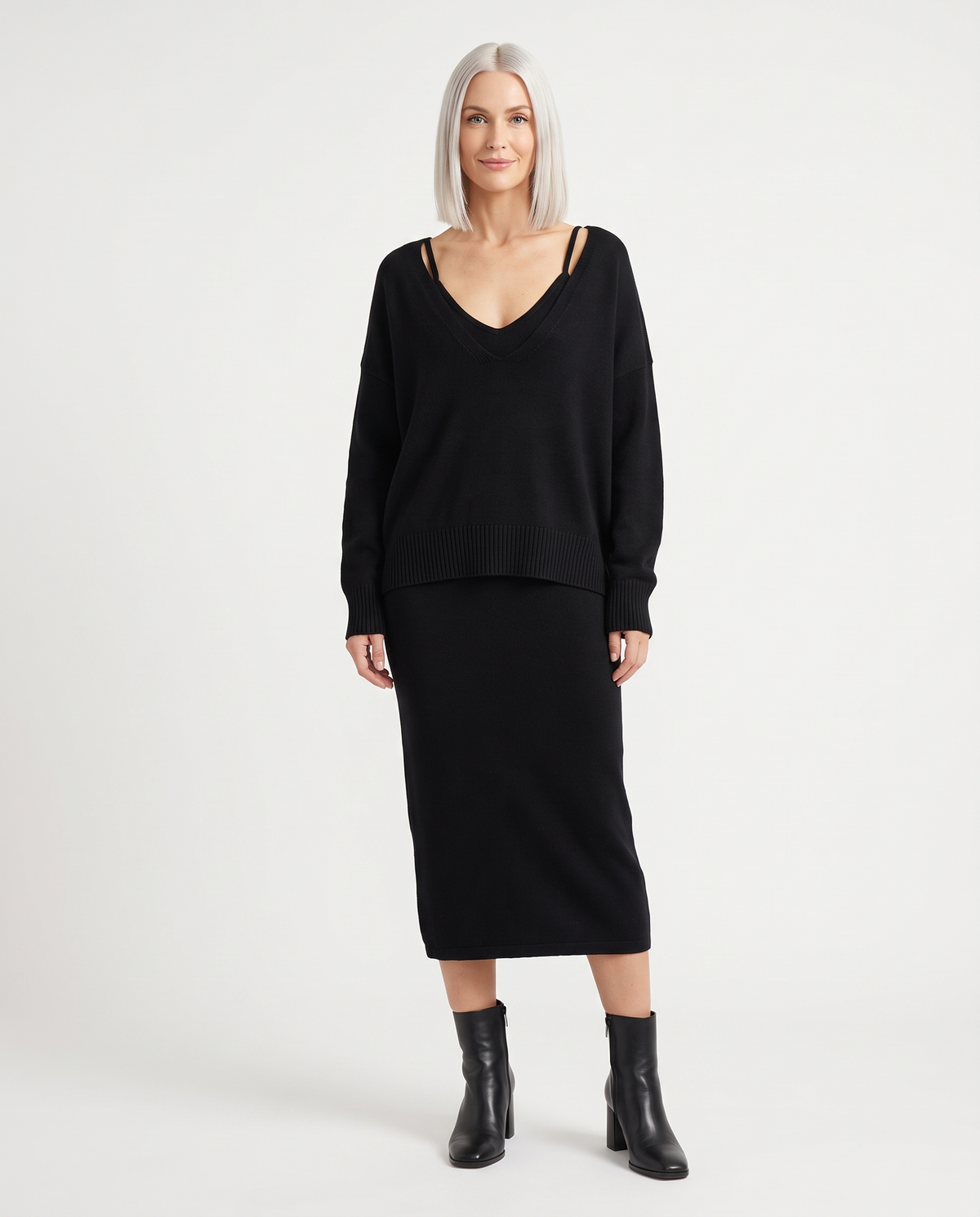 Women's Layered Midi Dress Set in Black – front view