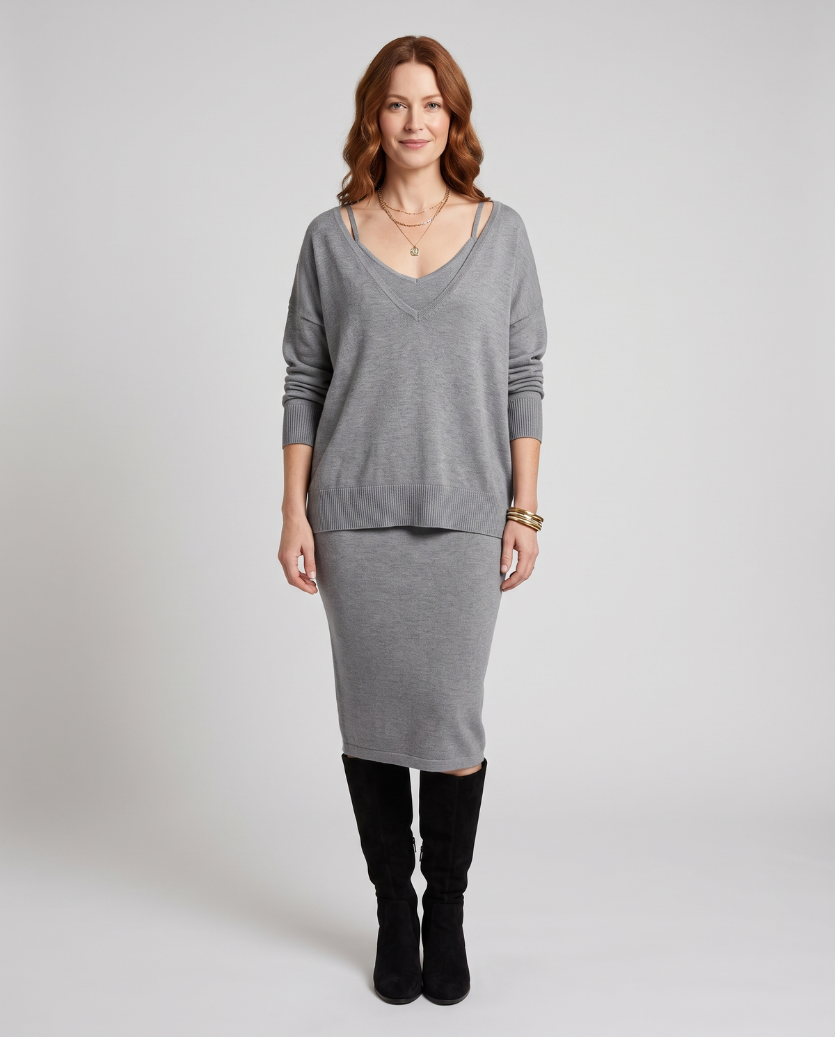 Women's Layered Midi Dress Set in Grey – front view
