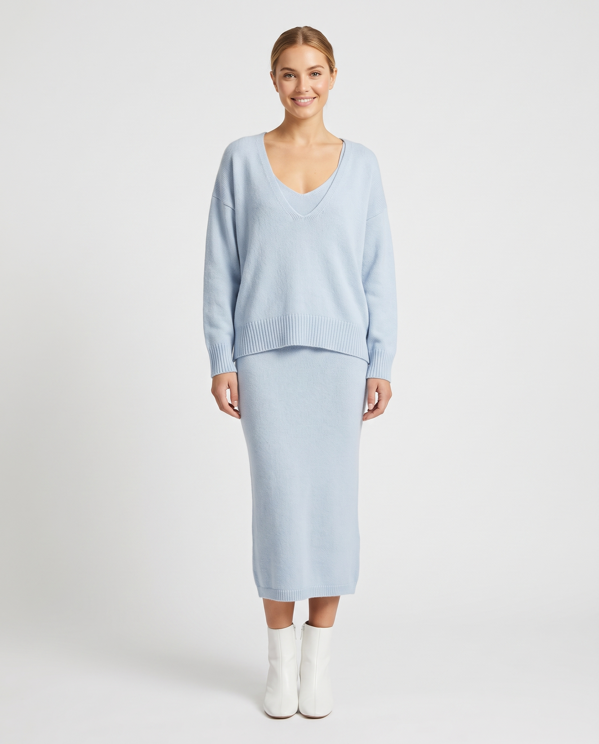 Women's Layered Midi Dress Set in Light Blue – front view