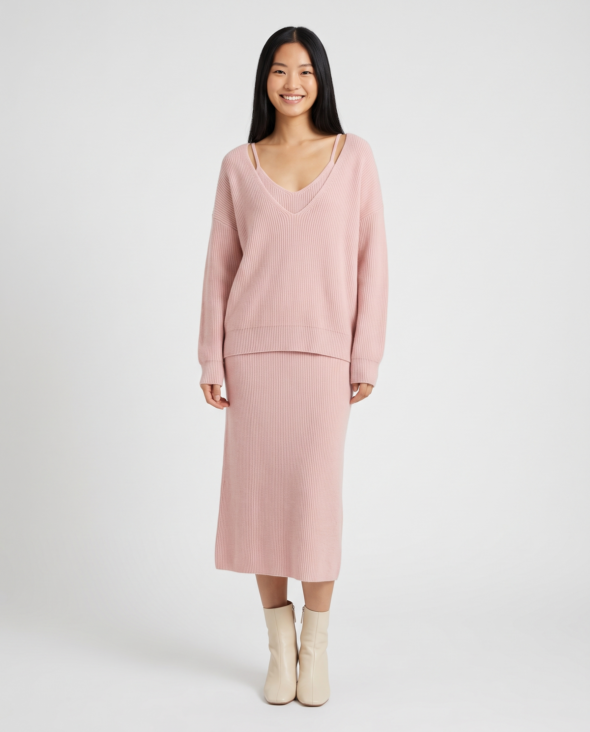 Women's Layered Midi Dress Set in Light Pink – front view