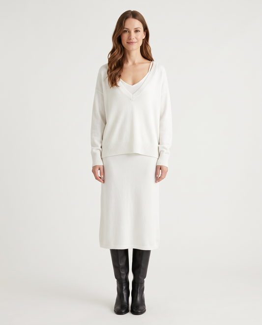 Women's Layered Midi Dress Set in White – front view
