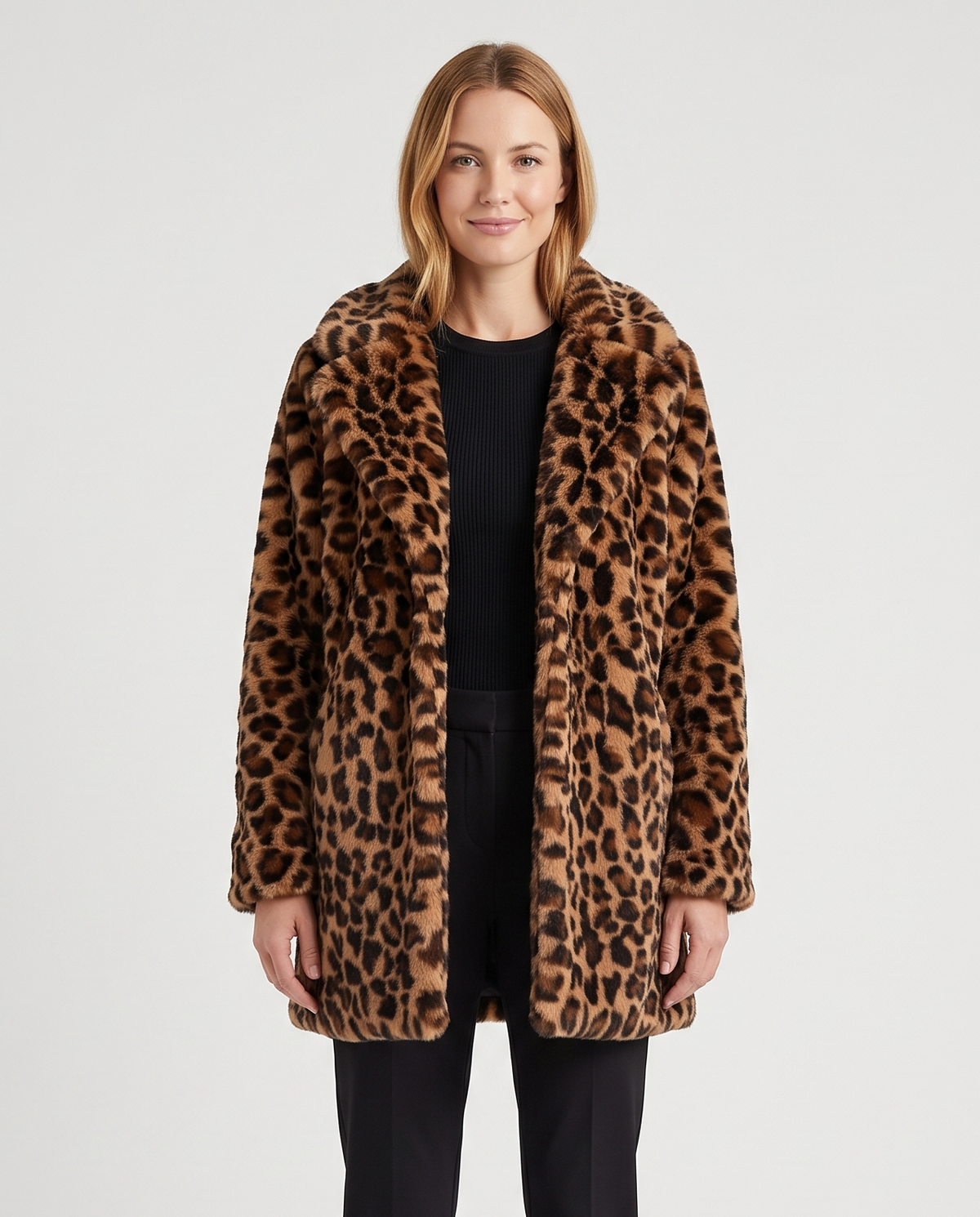 Women's Leopard Faux Fur Coat in Brown – front view