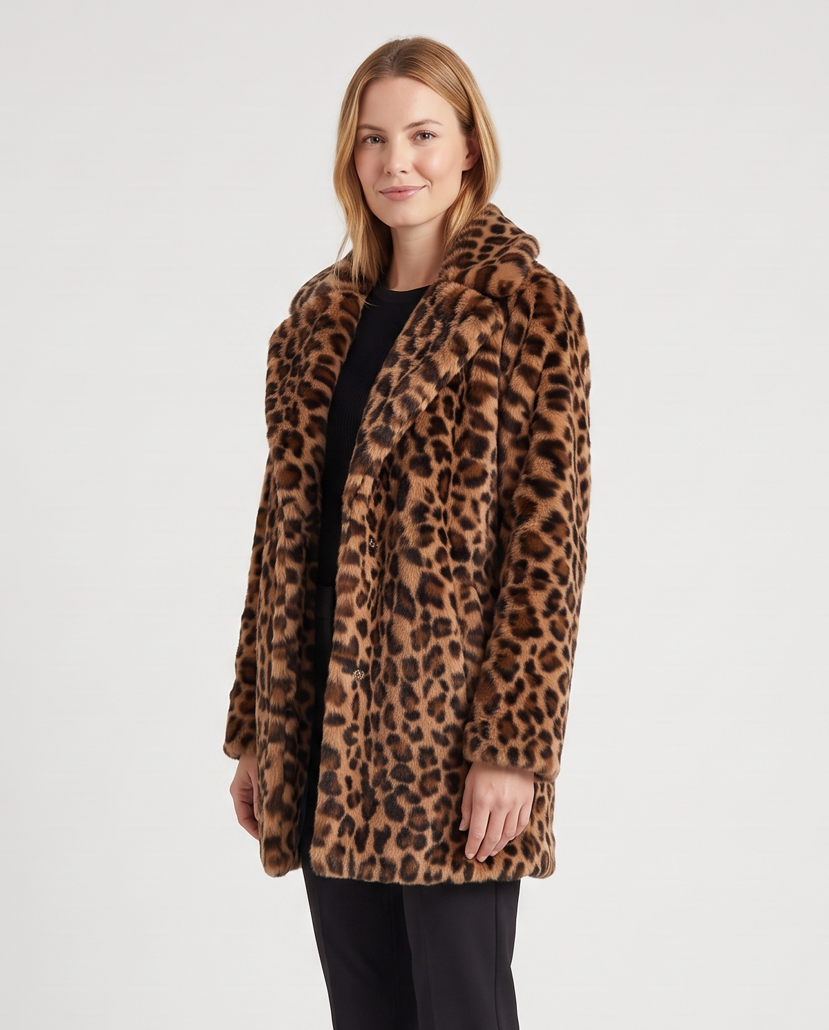 Women's Leopard Faux Fur Coat in Brown – three-quarter view