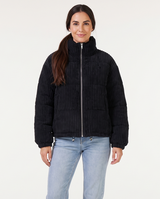Women's Oversized Corduroy Puffer Jacket in Black – front view